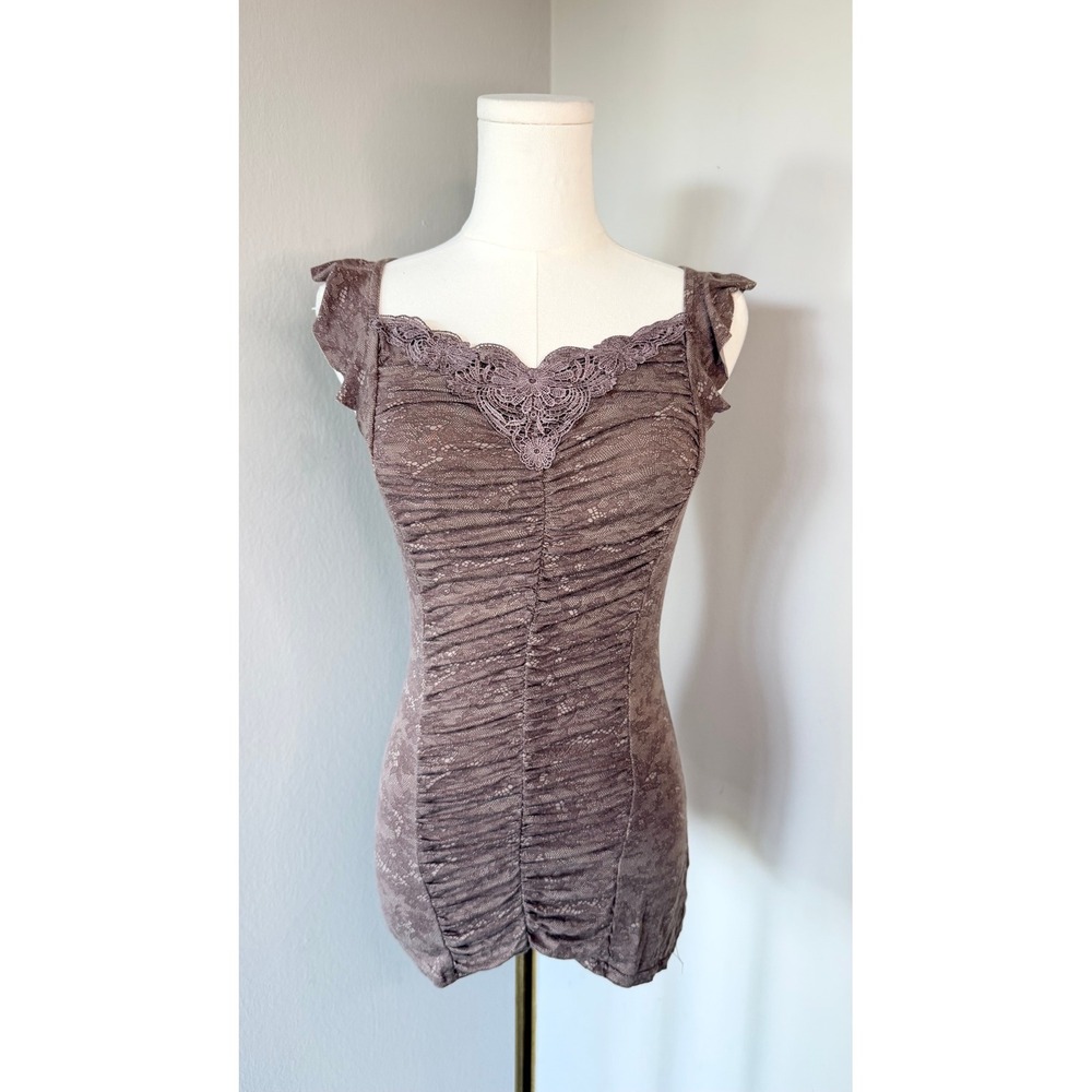 Orsay Brown Lace Ruched Top Ruffle Sleeve Crochet Trim Y2K Fairy Grunge